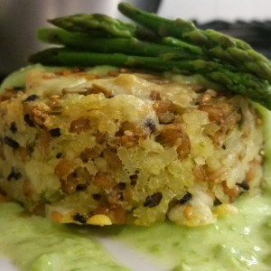 Timballo di Cereali Gratinato Con Asparagi e Mandorle Tostate